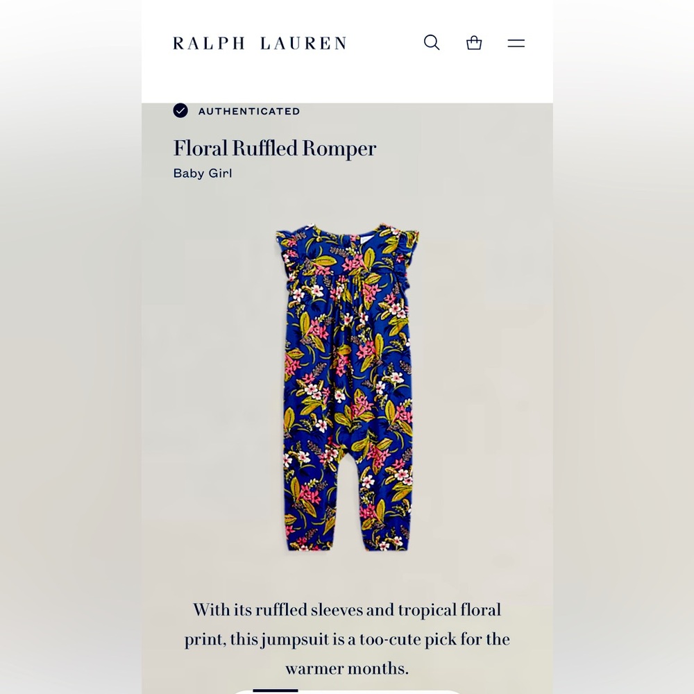 Ralph Lauren size 9 mo floral ruffled romper!  Soft cute and cozy!